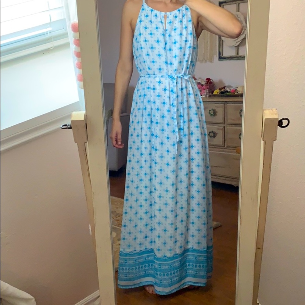 White and blue print maxi dress